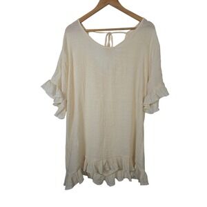 Ekouaer Cream Crinkle Gauze Ruffle Hem V-Neck Back Tie Coverup Top XL Boho Ivory